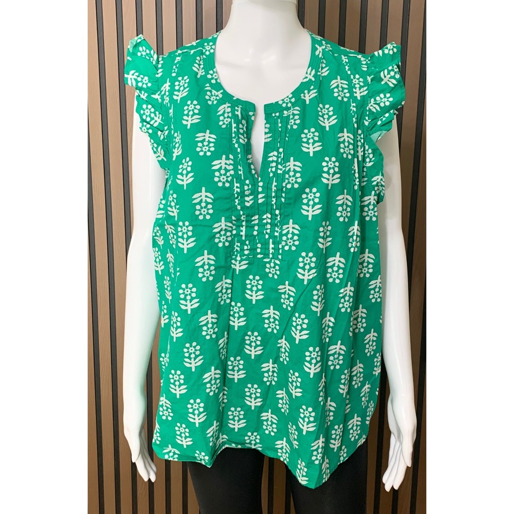 J.Crew Green Floral Ruffle Sleeve Pintuck Split Neck Cotton Top 3X